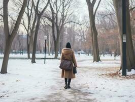 vrouw geniet een ontspannen wandelen in de winter dag ai generatief foto