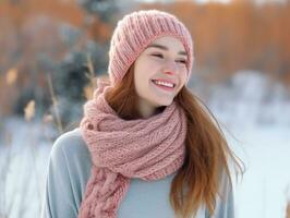 vrouw geniet een ontspannen wandelen in de winter dag ai generatief foto