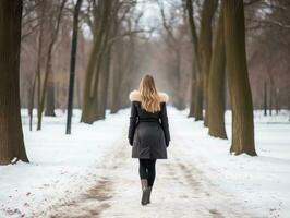 vrouw geniet een ontspannen wandelen in de winter dag ai generatief foto