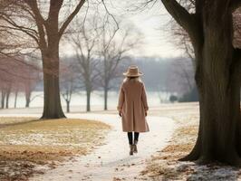 vrouw geniet een ontspannen wandelen in de winter dag ai generatief foto