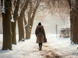 vrouw geniet een ontspannen wandelen in de winter dag ai generatief foto