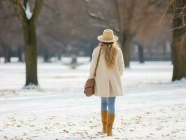 vrouw geniet een ontspannen wandelen in de winter dag ai generatief foto