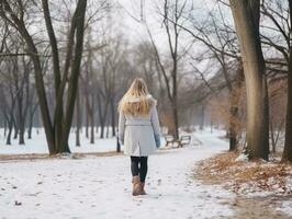 vrouw geniet een ontspannen wandelen in de winter dag ai generatief foto