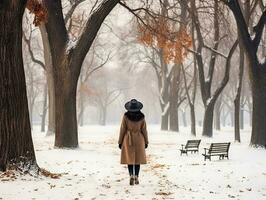 vrouw geniet een ontspannen wandelen in de winter dag ai generatief foto