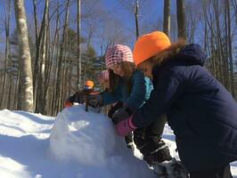 kinderen gebouw een sneeuwman in winter dag ai generatief foto