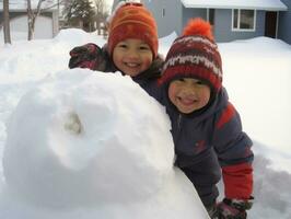 kinderen gebouw een sneeuwman in winter dag ai generatief foto