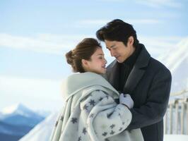 liefhebbend Aziatisch paar is genieten van een romantisch winter dag ai generatief foto