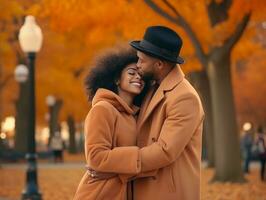 liefhebbend Afrikaanse Amerikaans paar is genieten van een romantisch herfst dag ai generatief foto