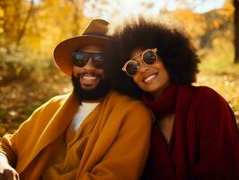 liefhebbend Afrikaanse Amerikaans paar is genieten van een romantisch herfst dag ai generatief foto