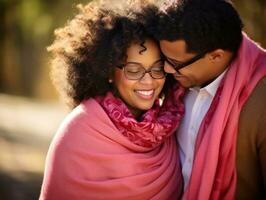 liefhebbend Afrikaanse Amerikaans paar is genieten van een romantisch herfst dag ai generatief foto