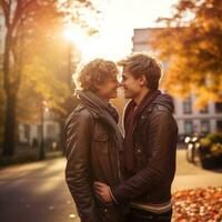 liefhebbend homoseksueel paar is genieten van een romantisch herfst dag ai generatief foto