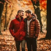 liefhebbend homoseksueel paar is genieten van een romantisch herfst dag ai generatief foto