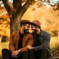 liefhebbend homoseksueel paar is genieten van een romantisch herfst dag ai generatief foto