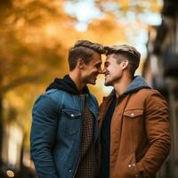 liefhebbend homoseksueel paar is genieten van een romantisch herfst dag ai generatief foto