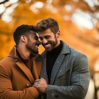 liefhebbend homoseksueel paar is genieten van een romantisch herfst dag ai generatief foto