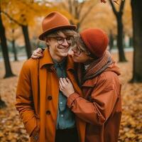 liefhebbend homoseksueel paar is genieten van een romantisch herfst dag ai generatief foto