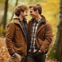 liefhebbend homoseksueel paar is genieten van een romantisch herfst dag ai generatief foto