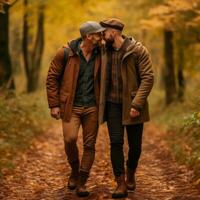 liefhebbend homoseksueel paar is genieten van een romantisch herfst dag ai generatief foto