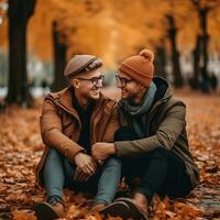 liefhebbend homoseksueel paar is genieten van een romantisch herfst dag ai generatief foto