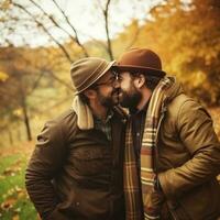 liefhebbend homoseksueel paar is genieten van een romantisch herfst dag ai generatief foto