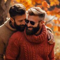 liefhebbend homoseksueel paar is genieten van een romantisch herfst dag ai generatief foto