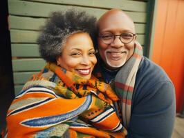 liefhebbend oud Afrikaanse Amerikaans paar is genieten van een romantisch winter dag ai generatief foto