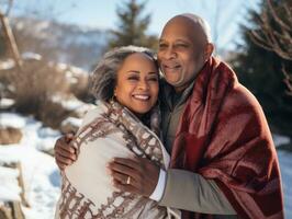 liefhebbend oud Afrikaanse Amerikaans paar is genieten van een romantisch winter dag ai generatief foto