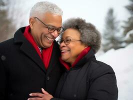 liefhebbend oud Afrikaanse Amerikaans paar is genieten van een romantisch winter dag ai generatief foto