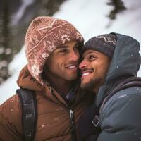 liefhebbend homoseksueel paar is genieten van een romantisch winter dag ai generatief foto