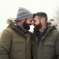 liefhebbend homoseksueel paar is genieten van een romantisch winter dag ai generatief foto