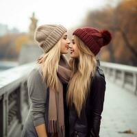 liefhebbend homoseksueel dames paar is genieten van een romantisch herfst dag ai generatief foto