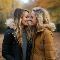 liefhebbend homoseksueel dames paar is genieten van een romantisch herfst dag ai generatief foto