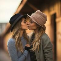 liefhebbend homoseksueel dames paar is genieten van een romantisch herfst dag ai generatief foto