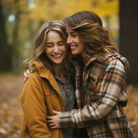 liefhebbend homoseksueel dames paar is genieten van een romantisch herfst dag ai generatief foto