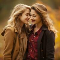 liefhebbend homoseksueel dames paar is genieten van een romantisch herfst dag ai generatief foto