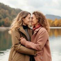 liefhebbend homoseksueel dames paar is genieten van een romantisch herfst dag ai generatief foto