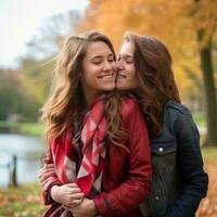 liefhebbend homoseksueel dames paar is genieten van een romantisch herfst dag ai generatief foto