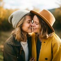 liefhebbend homoseksueel dames paar is genieten van een romantisch herfst dag ai generatief foto