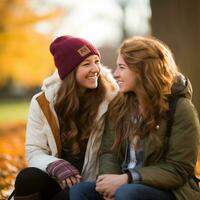 liefhebbend homoseksueel dames paar is genieten van een romantisch herfst dag ai generatief foto