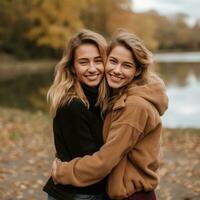 liefhebbend homoseksueel dames paar is genieten van een romantisch herfst dag ai generatief foto