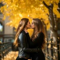 liefhebbend homoseksueel dames paar is genieten van een romantisch herfst dag ai generatief foto