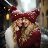 liefhebbend homoseksueel dames paar is genieten van een romantisch winter dag ai generatief foto