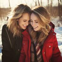 liefhebbend homoseksueel dames paar is genieten van een romantisch winter dag ai generatief foto