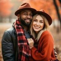 liefhebbend interraciaal paar is genieten van een romantisch herfst dag ai generatief foto