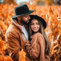 liefhebbend interraciaal paar is genieten van een romantisch herfst dag ai generatief foto