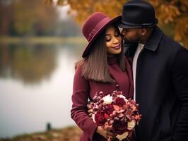 liefhebbend interraciaal paar is genieten van een romantisch herfst dag ai generatief foto