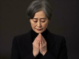 50 jaar oud Aziatisch vrouw in emotioneel dynamisch houding Aan solide achtergrond ai generatief foto