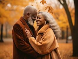 liefhebbend oud Afrikaanse Amerikaans paar is genieten van een romantisch herfst dag ai generatief foto