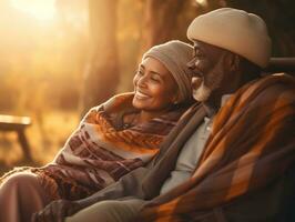 liefhebbend oud Afrikaanse Amerikaans paar is genieten van een romantisch herfst dag ai generatief foto
