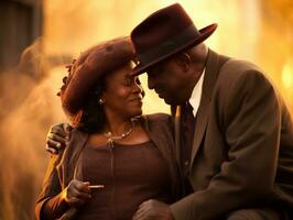liefhebbend oud Afrikaanse Amerikaans paar is genieten van een romantisch herfst dag ai generatief foto